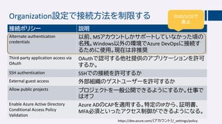Organization設定で接続方法を制限する
接続ポリシー 説明
Alternate authentication
credentials
以前、MSアカウントしかサポートしていなかった頃の
名残。Windows以外の環境でAzure DevOpsに接続す
るために使用。現在は非推奨
Third-party application access via
OAuth
OAuthで認可する他社提供のアプリケーションを許可
するか。
SSH authentication SSHでの接続を許可するか
External guest access 外部組織のゲストユーザーを許可するか
Allow public projects プロジェクトを一般公開できるようにするか。仕事で
はオフ
Enable Azure Active Directory
Conditional Access Policy
Validation
Azure ADのCAPを適用する。特定のIPから、証明書、
MFA必須といったアクセス制御ができるようになる。
https://dev.azure.com/｛アカウント｝/_settings/policy
 