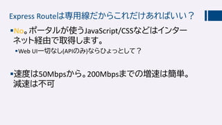 Express Routeは専用線だからこれだけあればいい？
No。ポータルが使うJavaScript/CSSなどはインター
ネット経由で取得します。
Web UI一切なし(APIのみ)ならひょっとして？
速度は50Mbpsから。200Mbpsまでの増速は簡単。
減速は不可
 
