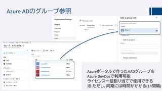 Azure ADのグループ参照
Azureポータルで作ったAADグループを
Azure DevOpsで利用可能
ライセンス一括割り当てで使用できる
※:ただし、同期には時間がかかる(1h間隔)
 