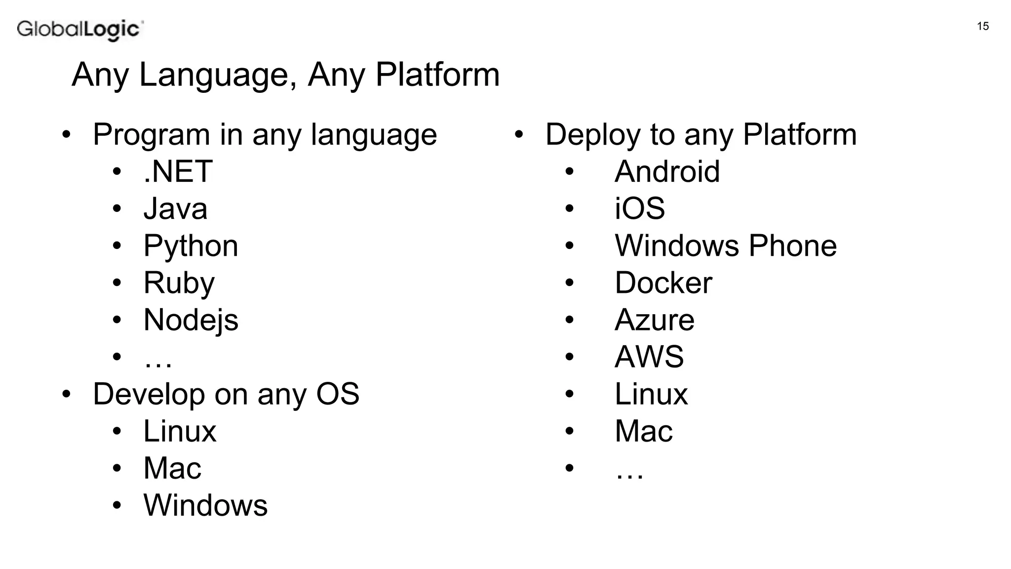 15
Any Language, Any Platform
• Program in any language
• .NET
• Java
• Python
• Ruby
• Nodejs
• …
• Develop on any OS
• Linux
• Mac
• Windows
• Deploy to any Platform
• Android
• iOS
• Windows Phone
• Docker
• Azure
• AWS
• Linux
• Mac
• …
 