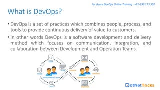 For Azure DevOps Online Training : +91-999 123 502
• DevOps is a set of practices which combines people, process, and
tools to provide continuous delivery of value to customers.
• In other words DevOps is a software development and delivery
method which focuses on communication, integration, and
collaboration between Development and Operation Teams.
What is DevOps?
 