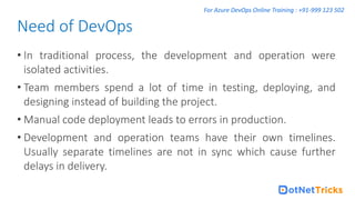 For Azure DevOps Online Training : +91-999 123 502
• In traditional process, the development and operation were
isolated activities.
• Team members spend a lot of time in testing, deploying, and
designing instead of building the project.
• Manual code deployment leads to errors in production.
• Development and operation teams have their own timelines.
Usually separate timelines are not in sync which cause further
delays in delivery.
Need of DevOps
 