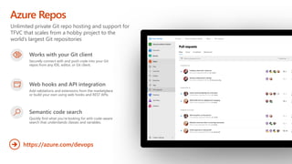 Unlimited private Git repo hosting and support for
TFVC that scales from a hobby project to the
world’s largest Git repositories
Azure Repos
https://azure.com/devops➔
Works with your Git client
Securely connect with and push code into your Git
repos from any IDE, editor, or Git client.
Web hooks and API integration
Add validations and extensions from the marketplace
or build your own using web hooks and REST APIs.
Semantic code search
Quickly find what you’re looking for with code-aware
search that understands classes and variables.
 