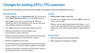 The same functionality you know and love today, with greater openness, flexibility and focus
Changes for existing VSTS / TFS customers
Existing Accounts
• Existing https://contoso.visualstudio.com URL continues to
work. https://dev.azure.com/contoso available for opt-in.
• New UI opt-in per user as preview feature. Will start
advertising new UI once feedback from new accounts and
early adopters has been incorporated.
• Can disable services on a per project basis for new UI
• New Azure branding in communications and
documentation (emails, alerts etc).
• Websites and documentation will move from Visual Studio
to Azure based locations (with redirects in place).
• Redirects available for some time.
• TFS will remain the on-premises brand until the next major
version in 2019. The new UI will be enabled in that release.
• Existing TFS branded information and downloads remain in
Visual Studio locations until next release.
Pricing
• Public project usage is now free.
• The free tier for Pipelines now includes 1,800 minutes per
month, up from 240.
• Pipelines can be used independently from Repos — so if
you are only using Pipelines and your repos are hosted on
GitHub you don’t need to pay for Repos or Boards (Basic)
users.
New Accounts
• https://dev.azure.com/contoso based URL.
• New navigation & branding by default.
 