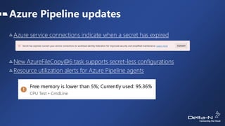 Azure Pipeline updates
Azure service connections indicate when a secret has expired
New AzureFileCopy@6 task supports secret-less configurations
Resource utilization alerts for Azure Pipeline agents
 