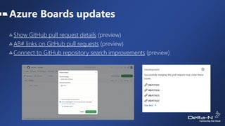 Azure Boards updates
Show GitHub pull request details (preview)
AB# links on GitHub pull requests (preview)
Connect to GitHub repository search improvements (preview)
 
