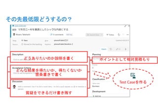 その先最低限どうするの？
どうありたいのか説明を書く
どんな結果を得たいか、得たくないか
箇条書きで書く
質疑をできるだけ書き残す
ポイントとして相対見積もり
Test Caseを作る
 