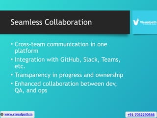 Seamless Collaboration
• Cross-team communication in one
platform
• Integration with GitHub, Slack, Teams,
etc.
• Transparency in progress and ownership
• Enhanced collaboration between dev,
QA, and ops
 