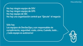 #AzureDevOps
No hay ningún equipo de DEV
No hay ningún equipo de OPS
No hay equipo de SEC
No hay una organización central que "Ejecute" el negocio
Sólo hay
Los equipos de DevSecOps y son responsables de
cumplimiento, seguridad, costo, cómo, Cuándo, todo…
¡ Cada equipo es autónomo!
 