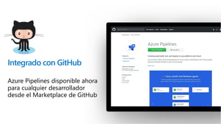 Integrado con GitHub
Azure Pipelines disponible ahora
para cualquier desarrollador
desde el Marketplace de GitHub
 