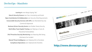 DevSecOps - Manifesto
Leaning in over Always Saying “No”
Data & Security Science over Fear, Uncertainty and Doubt
Open Contribution & Collaboration over Security-Only Requirements
Consumable Security Services with APIs over Mandated Security
Controls & Paperwork
Business Driven Security Scores over Rubber Stamp Security
Red & Blue Team Exploit Testing over Relying on Scans &
Theoretical Vulnerabilities
24x7 Proactive Security Monitoring over Reacting after being
Informed of an Incident
Shared Threat Intelligence over Keeping Info to Ourselves
Compliance Operations over Clipboards & Checklists
http://www.devsecops.org/
 