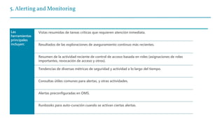 5. Alerting and Monitoring
Las
herramientas
principales
incluyen:
Vistas resumidas de tareas críticas que requieren atención inmediata.
Resultados de las exploraciones de aseguramiento continuo más recientes.
Resumen de la actividad reciente de control de acceso basada en roles (asignaciones de roles
importantes, revocación de acceso y otros).
Tendencias de diversas métricas de seguridad y actividad a lo largo del tiempo.
Consultas útiles comunes para alertas, y otras actividades.
Alertas preconfiguradas en OMS.
Runbooks para auto-curación cuando se activan ciertas alertas.
 