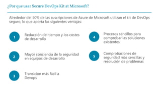 Alrededor del 50% de las suscripciones de Azure de Microsoft utilizan el kit de DevOps
seguro, lo que aporta las siguientes ventajas:
Procesos sencillos para
comprobar las soluciones
existentes
Reducción del tiempo y los costes
de desarrollo1 4
Comprobaciones de
seguridad más sencillas y
resolución de problemas
Mayor conciencia de la seguridad
en equipos de desarrollo
52
Transición más fácil a
Devops3
¿Por que usar Secure DevOps Kit at Microsoft?
 