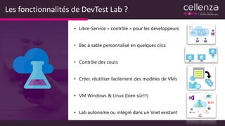 Les fonctionnalités de DevTest Lab ?
• Libre-Service « contrôlé » pour les développeurs
• Bac à sable personnalisé en quelques clics
• Contrôle des couts
• Créer, réutiliser facilement des modèles de VMs
• VM Windows & Linux (bien sûr!!!)
• Lab autonome ou intégré dans un Vnet existant
 