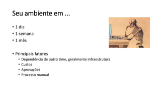 Seu ambiente em ...
• 1 dia
• 1 semana
• 1 mês
• Principais fatores
• Dependência de outro time, geralmente infraestrutura
• Custos
• Aprovações
• Processo manual
 
