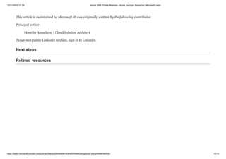 12/11/2022, 07:39 Azure DNS Private Resolver - Azure Example Scenarios | Microsoft Learn
https://learn.microsoft.com/en-us/azure/architecture/example-scenario/networking/azure-dns-private-resolver 15/15
This article is maintained by Microsoft. It was originally written by the following contributor.
Principal author:
Moorthy Annadurai | Cloud Solution Architect
To see non-public LinkedIn profiles, sign in to LinkedIn.
Next steps
Related resources
 