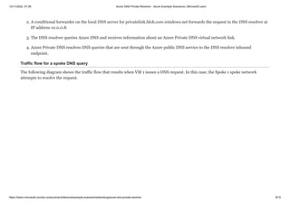 12/11/2022, 07:39 Azure DNS Private Resolver - Azure Example Scenarios | Microsoft Learn
https://learn.microsoft.com/en-us/azure/architecture/example-scenario/networking/azure-dns-private-resolver 8/15
2. A conditional forwarder on the local DNS server for privatelink.blob.core.windows.net forwards the request to the DNS resolver at
IP address 10.0.0.8.
3. The DNS resolver queries Azure DNS and receives information about an Azure Private DNS virtual network link.
4. Azure Private DNS resolves DNS queries that are sent through the Azure public DNS service to the DNS resolver inbound
endpoint.
Traffic flow for a spoke DNS query
The following diagram shows the traffic flow that results when VM 1 issues a DNS request. In this case, the Spoke 1 spoke network
attempts to resolve the request.
 