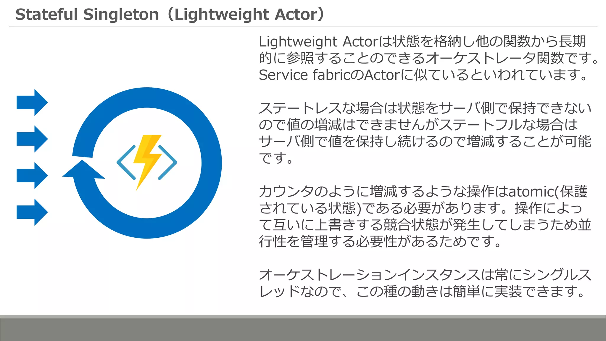 Stateful Singleton（Lightweight Actor）
Lightweight Actorは状態を格納し他の関数から長期
的に参照することのできるオーケストレータ関数です。
Service fabricのActorに似ているといわれています。
ステートレスな場合は状態をサーバ側で保持できない
ので値の増減はできませんがステートフルな場合は
サーバ側で値を保持し続けるので増減することが可能
です。
カウンタのように増減するような操作はatomic(保護
されている状態)である必要があります。操作によっ
て互いに上書きする競合状態が発生してしまうため並
行性を管理する必要性があるためです。
オーケストレーションインスタンスは常にシングルス
レッドなので、この種の動きは簡単に実装できます。
 