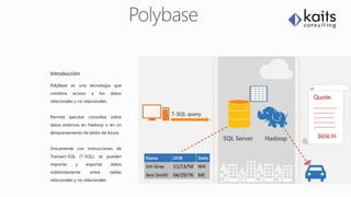 Es una Tecnología de acceso a datos no relaciones y relacionales
Introducción
PolyBase es una tecnología que
combina acceso a los datos
relacionales y no relacionales.
Permite ejecutar consultas sobre
datos externos en Hadoop o en un
almacenamiento de blobs de Azure.
Únicamente con instrucciones de
Transact-SQL (T-SQL), se pueden
importar y exportar datos
indistintamente entre tablas
relacionales y no relacionales
 