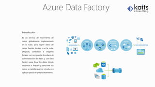 Es una Tecnología de extracción, transformación y carga de datos.
Introducción
Es un servicio de movimiento de
datos globalmente implementado
en la nube, para ingerir datos de
varias fuentes locales y en la nube.
Después, conéctese a orígenes
locales con una puerta de enlace de
administración de datos y use Data
Factory para llevar los datos donde
necesitan ir. Prepare y particione sus
datos a medida que los introduce o
aplique pasos de preprocesamiento.
 