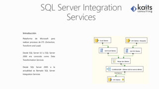 Introducción
Plataforma de Microsoft para
realizar procesos de ETL (Extraction,
Transform and Load)
Desde SQL Server 6.5 a SQL Server
2000 era conocido como Data
Transformation Services
Desde SQL Server 2005 a la
actualidad es llamado SQL Server
Integration Services
 
