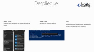 TSQL
Podemos lanzarlo el query desde Management
Studio o Visual Studio 2013 (superior)
Power Shell
Necesitas los módulos de Azure
Portal Azure
Podemos hacer la creación por medio del portal de
Azure
 