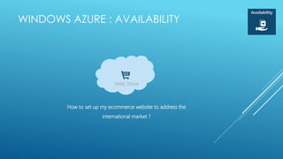 Availability

WINDOWS AZURE : AVAILABILITY




                           Web Store



        How to set up my ecommerce website to address the
                      international market ?
 