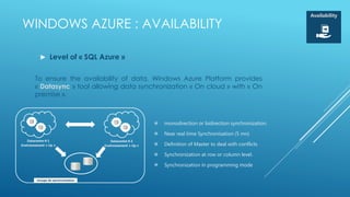 Availability

WINDOWS AZURE : AVAILABILITY

  ► Level of « SQL Azure »


 To ensure the availability of data, Windows Azure Platform provides
 « Datasync » tool allowing data synchronization « On cloud » with « On
 premise ».



                                        monodirection or bidirection synchronization.

                                        Near real time Synchronisation (5 mn)

                                        Definition of Master to deal with conflicts

                                        Synchronization at row or column level.

                                        Synchronization in programming mode
 