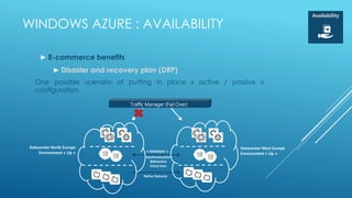 Availability

WINDOWS AZURE : AVAILABILITY

      ► E-commerce benefits
            ► Disaster and recovery plan (DRP)
   One possible scenario of putting in place « active / passive »
   configuration

                                 Traffic Manager (Fail Over)




 Datacenter North Europe                                       Datacenter West Europe
     Environment « Up »                 « DataSync »
                                                               Environment « Up »
                                        Synchronization
                                          Bidirection
                                          Every hour

                                       Native features
 