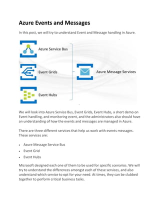 Azure Events and Messages
In this post, we will try to understand Event and Message handling in Azure.
We will look into Azure Service Bus, Event Grids, Event Hubs, a short demo on
Event handling, and monitoring event, and the administrators also should have
an understanding of how the events and messages are managed in Azure.
There are three different services that help us work with events messages.
These services are:
 Azure Message Service Bus
 Event Grid
 Event Hubs
Microsoft designed each one of them to be used for specific scenarios. We will
try to understand the differences amongst each of these services, and also
understand which service to opt for your need. At times, they can be clubbed
together to perform critical business tasks.
 
