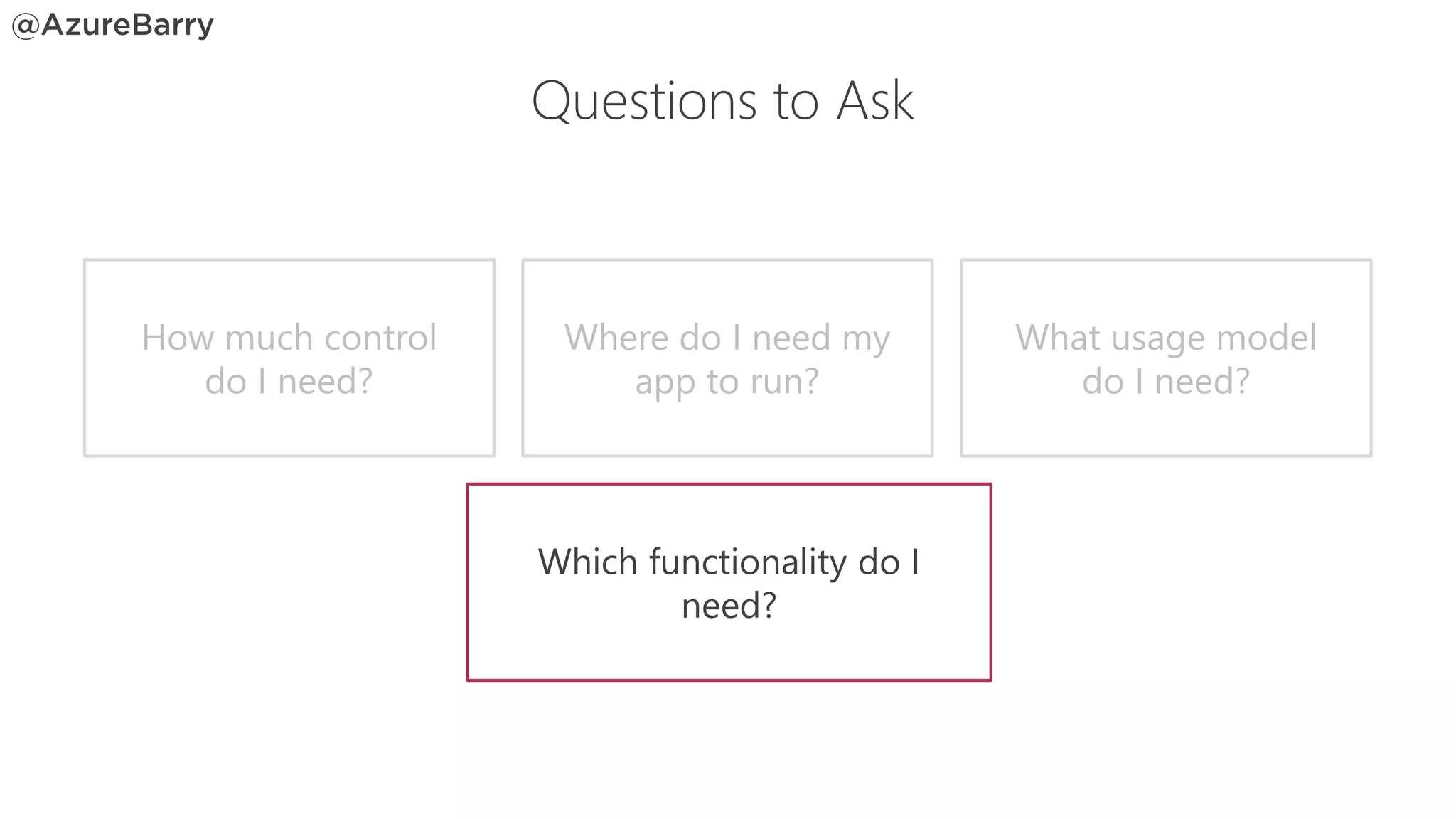 Which functionality do I
need?
What usage model
do I need?
Where do I need my
app to run?
How much control
do I need?
Questions to Ask
 