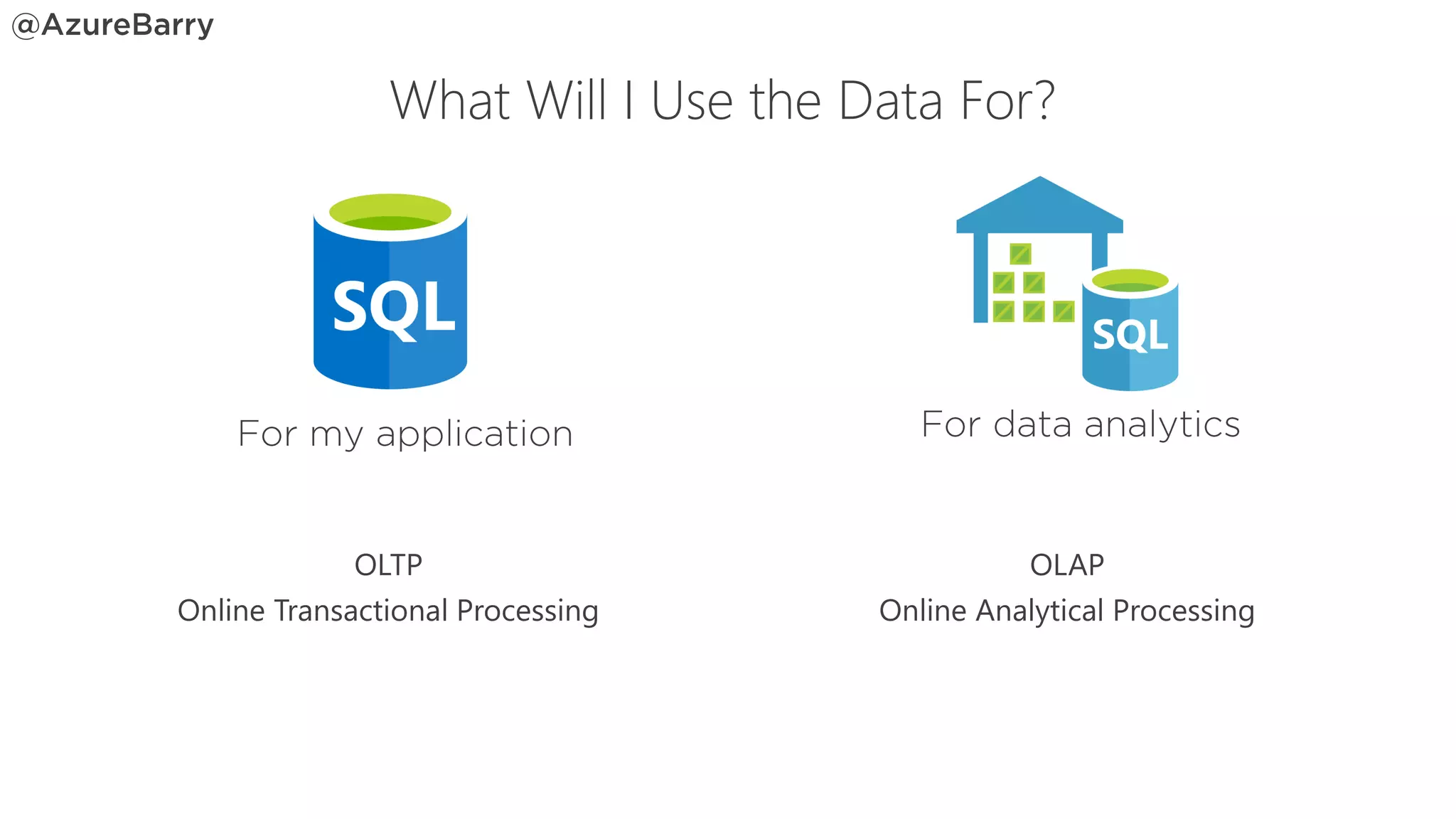 OLTP
Online Transactional Processing
OLAP
Online Analytical Processing
What Will I Use the Data For?
 