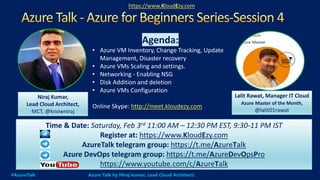 https://www.KloudEzy.com
Niraj Kumar,
Lead Cloud Architect,
MCT, @knowniraj
Time & Date: Saturday, Feb 3rd 11:00 AM – 12:30 PM EST, 9:30-11 PM IST
Register at: https://www.KloudEzy.com
AzureTalk telegram group: https://t.me/AzureTalk
Azure DevOps telegram group: https://t.me/AzureDevOpsPro
https://www.youtube.com/c/AzureTalk
#AzureTalk Azure Talk by Niraj kumar, Lead Cloud Architect!
Lalit Rawat, Manager IT Cloud
Azure Master of the Month,
@lalit01rawat
Agenda:
• Azure VM Inventory, Change Tracking, Update
Management, Disaster recovery
• Azure VMs Scaling and settings.
• Networking - Enabling NSG
• Disk Addition and deletion
• Azure VMs Configuration
Online Skype: http://meet.kloudezy.com
 