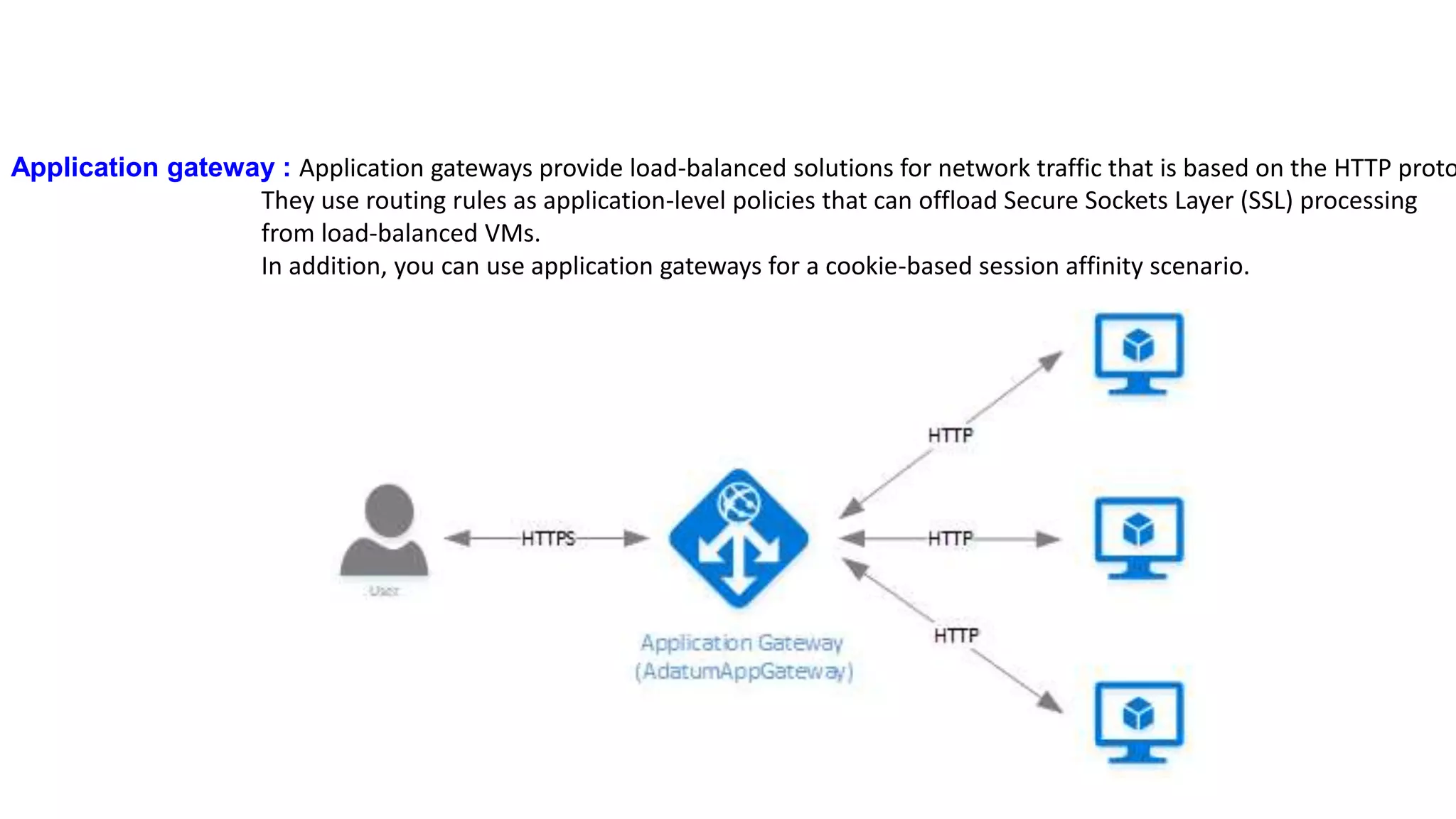 Application gateway : Application gateways provide load-balanced solutions for network traffic that is based on the HTTP proto
They use routing rules as application-level policies that can offload Secure Sockets Layer (SSL) processing
from load-balanced VMs.
In addition, you can use application gateways for a cookie-based session affinity scenario.
 