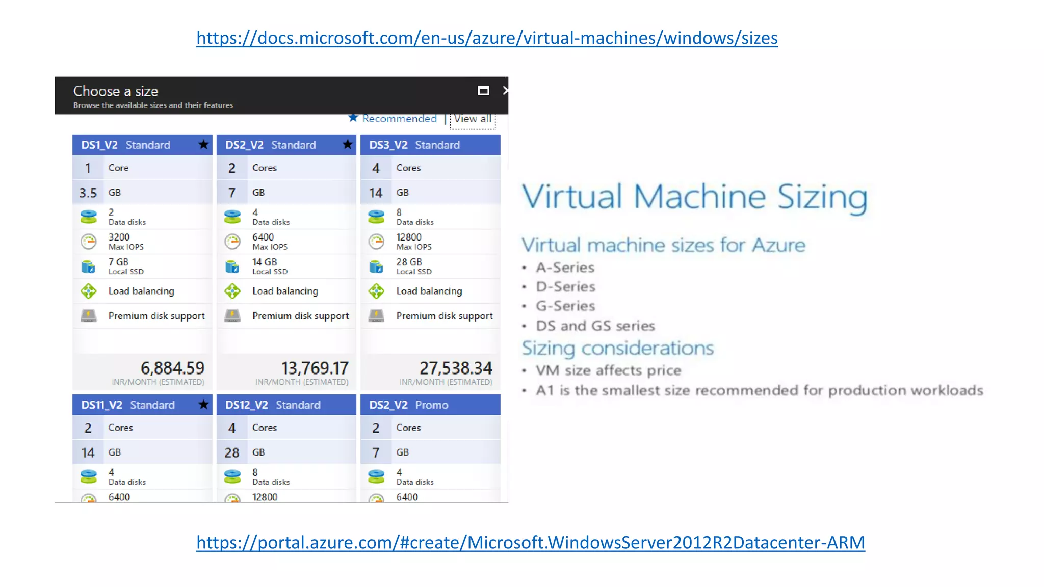 https://portal.azure.com/#create/Microsoft.WindowsServer2012R2Datacenter-ARM
https://docs.microsoft.com/en-us/azure/virtual-machines/windows/sizes
 