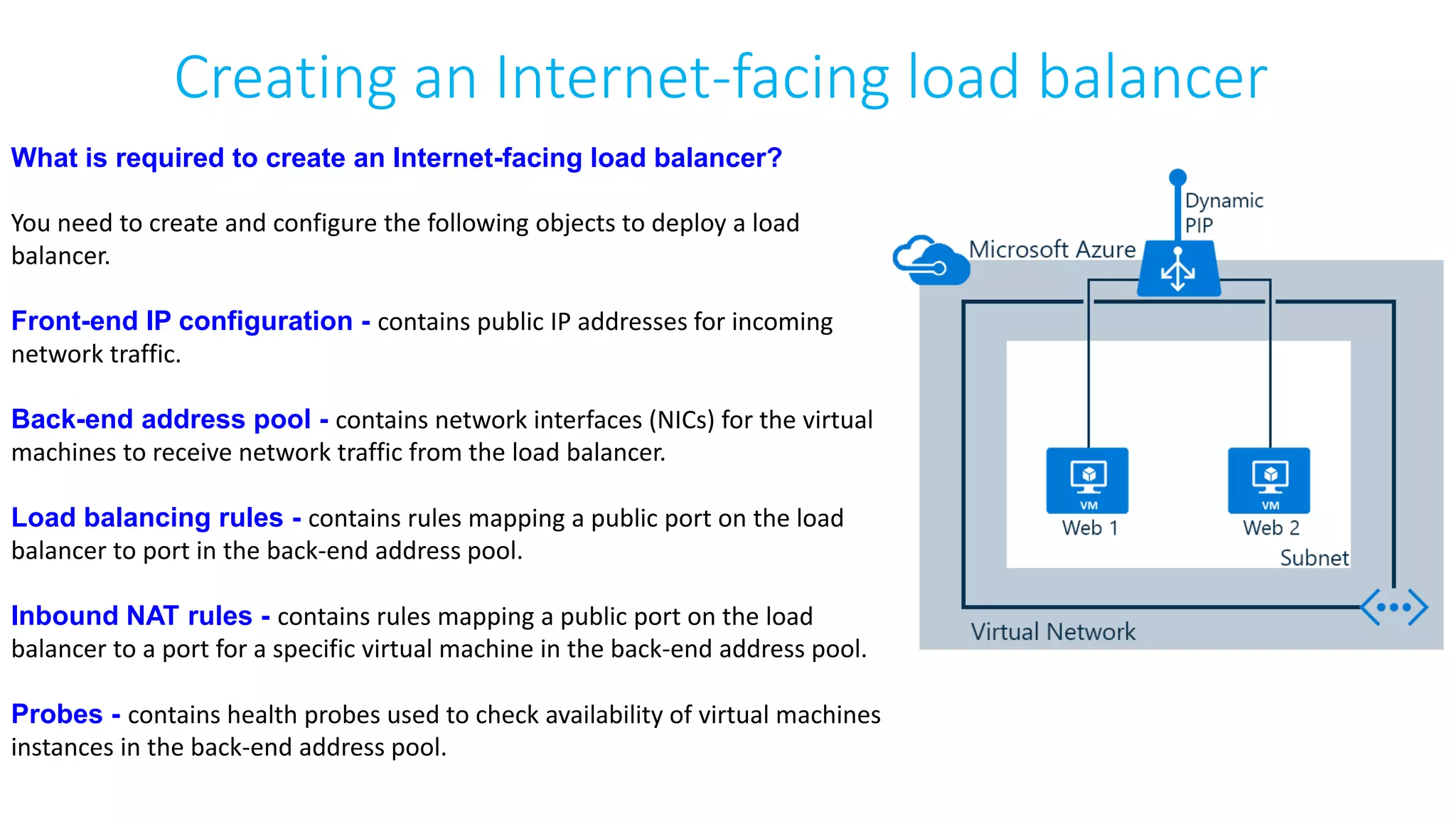 Creating an Internet-facing load balancer
What is required to create an Internet-facing load balancer?
You need to create and configure the following objects to deploy a load
balancer.
Front-end IP configuration - contains public IP addresses for incoming
network traffic.
Back-end address pool - contains network interfaces (NICs) for the virtual
machines to receive network traffic from the load balancer.
Load balancing rules - contains rules mapping a public port on the load
balancer to port in the back-end address pool.
Inbound NAT rules - contains rules mapping a public port on the load
balancer to a port for a specific virtual machine in the back-end address pool.
Probes - contains health probes used to check availability of virtual machines
instances in the back-end address pool.
 