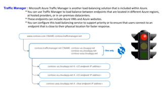 Traffic Manager : Microsoft Azure Traffic Manager is another load-balancing solution that is included within Azure.
* You can use Traffic Manager to load balance between endpoints that are located in different Azure regions,
at hosted providers, or in on-premises datacenters.
* These endpoints can include Azure VMs and Azure websites.
* You can configure this load-balancing service to support priority or to ensure that users connect to an
endpoint that is close to their physical location for faster response.
 
