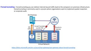 Forced tunneling : Forced tunneling you can redirect internet bound traffic back to the company’s on-premises infrastructure.
Forced tunneling is commonly used in scenario where organizations want to implement packet inspection
or corporate audit.
https://docs.microsoft.com/en-us/azure/vpn-gateway/vpn-gateway-about-forced-tunneling
 