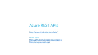 Azure REST APIs
https://azure.github.io/projects/apis/
Other Tools
https://github.com/swagger-api/swagger-ui
https://www.openapis.org/
 