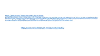 https://azure.microsoft.com/en-in/resources/templates/
https://github.com/TheAzureGuy007/Azure-From-
Scratch/blob/master/Azure%20Powershell%20Scripts/Deploy%20a%20Virtual%20Machine%20using%20an%20ARM%20T
emplate/Deploy%20a%20Virtual%20Machine%20using%20an%20ARM%20Template.ps1
 