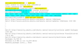 welcome123@GIRISHK-LP:~$ sudo su
sudo: unable to resolve host GIRISHK-LP
[sudo] password for welcome123:
root@GIRISHK-LP:/home/welcome123#Welcome@#123
welcome123@LinuxVM:~$ cd / (change directory)
welcome123@LinuxVM:/$ ls (List out directory)
bin boot dev etc home initrd.img lib lib64 lost+found media mnt opt
proc root run sbin snap srv sys tmp usr var vmlinuz
welcome123@LinuxVM:/$ sudo apt-get update
Hit:1 http://azure.archive.ubuntu.com/ubuntu xenial InRelease
Get:2 http://azure.archive.ubuntu.com/ubuntu xenial-updates InRelease [102 kB]
.
.
.
.
Get:31 http://security.ubuntu.com/ubuntu xenial-security/universe amd64 Packages
[145 kB]
Get:32 http://security.ubuntu.com/ubuntu xenial-security/universe Translation-en
[74.8 kB]
Get:33 http://security.ubuntu.com/ubuntu xenial-security/multiverse amd64
Packages [2,748 B]
Fetched 11.9 MB in 11s (1,039 kB/s)
Reading package lists... Done
 