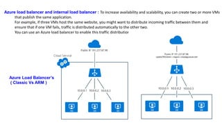 Azure load balancer and internal load balancer : To increase availability and scalability, you can create two or more VMs
that publish the same application.
For example, if three VMs host the same website, you might want to distribute incoming traffic between them and
ensure that if one VM fails, traffic is distributed automatically to the other two.
You can use an Azure load balancer to enable this traffic distribution between VMs.
Azure Load Balancer’s
( Classic Vs ARM )
 