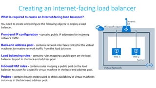 Creating an Internet-facing load balancer
What is required to create an Internet-facing load balancer?
You need to create and configure the following objects to deploy a load
balancer.
Front-end IP configuration - contains public IP addresses for incoming
network traffic.
Back-end address pool - contains network interfaces (NICs) for the virtual
machines to receive network traffic from the load balancer.
Load balancing rules - contains rules mapping a public port on the load
balancer to port in the back-end address pool.
Inbound NAT rules - contains rules mapping a public port on the load
balancer to a port for a specific virtual machine in the back-end address pool.
Probes - contains health probes used to check availability of virtual machines
instances in the back-end address pool.
 