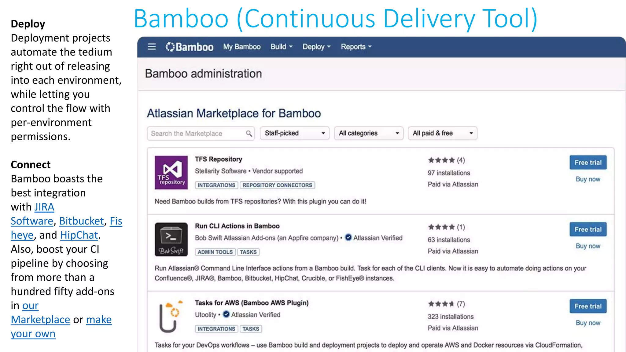 Bamboo (Continuous Delivery Tool)Deploy
Deployment projects
automate the tedium
right out of releasing
into each environment,
while letting you
control the flow with
per-environment
permissions.
Connect
Bamboo boasts the
best integration
with JIRA
Software, Bitbucket, Fis
heye, and HipChat.
Also, boost your CI
pipeline by choosing
from more than a
hundred fifty add-ons
in our
Marketplace or make
your own
 