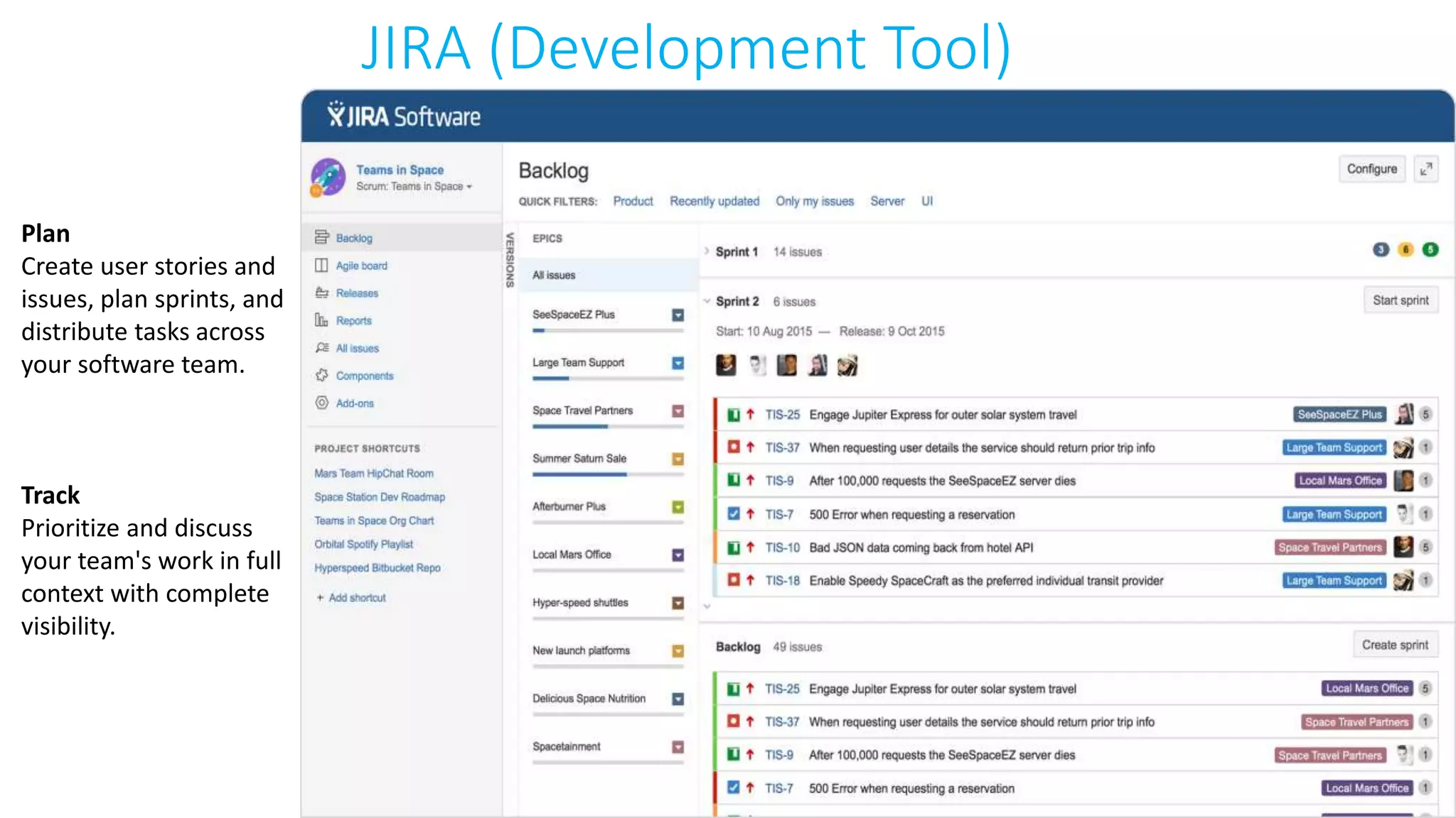 JIRA (Development Tool)
Plan
Create user stories and
issues, plan sprints, and
distribute tasks across
your software team.
Track
Prioritize and discuss
your team's work in full
context with complete
visibility.
 