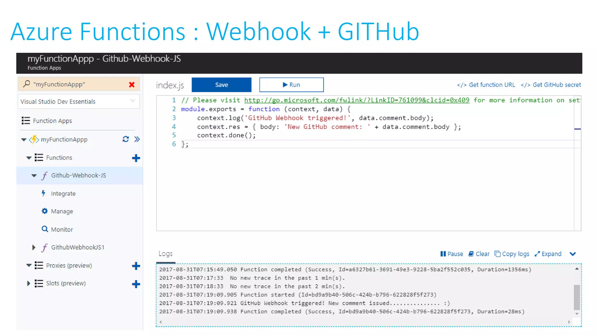 Azure Functions : Webhook + GITHub
 