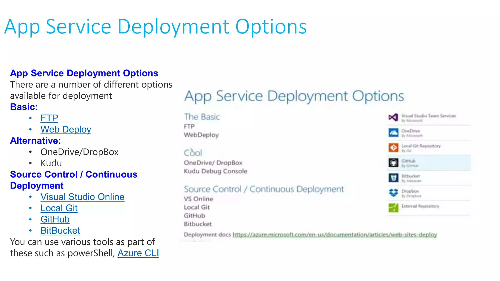 App Service Deployment Options
App Service Deployment Options
There are a number of different options
available for deployment
Basic:
• FTP
• Web Deploy
Alternative:
• OneDrive/DropBox
• Kudu
Source Control / Continuous
Deployment
• Visual Studio Online
• Local Git
• GitHub
• BitBucket
You can use various tools as part of
these such as powerShell, Azure CLI
 