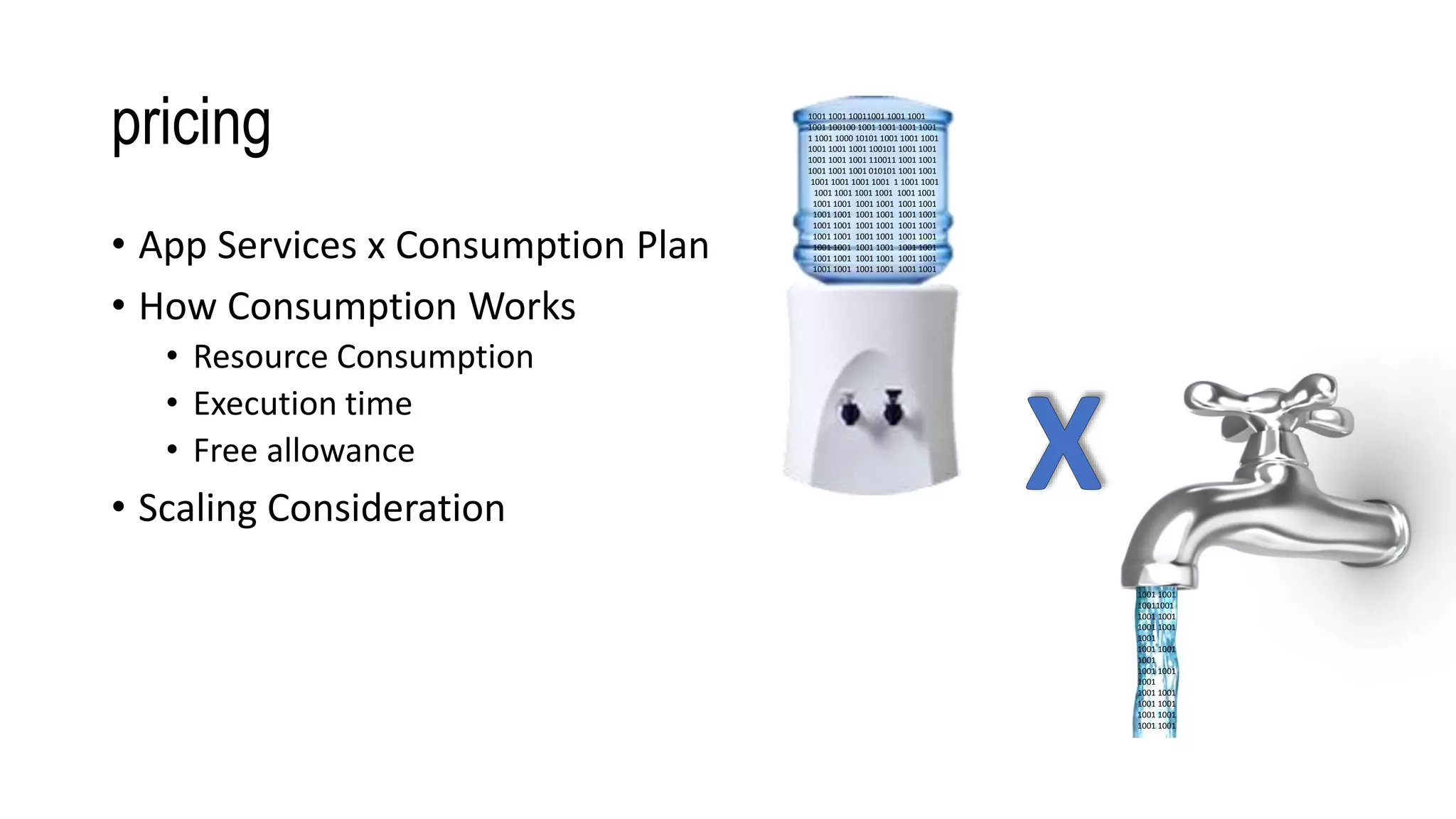 pricing
• App Services x Consumption Plan
• How Consumption Works
• Resource Consumption
• Execution time
• Free allowance
• Scaling Consideration
1001 1001
10011001
1001 1001
1001 1001
1001
1001 1001
1001
1001 1001
1001
1001 1001
1001 1001
1001 1001
1001 1001
1001 1001 10011001 1001 1001
1001 100100 1001 1001 1001 1001
1 1001 1000 10101 1001 1001 1001
1001 1001 1001 100101 1001 1001
1001 1001 1001 110011 1001 1001
1001 1001 1001 010101 1001 1001
1001 1001 1001 1001 1 1001 1001
1001 1001 1001 1001 1001 1001
1001 1001 1001 1001 1001 1001
1001 1001 1001 1001 1001 1001
1001 1001 1001 1001 1001 1001
1001 1001 1001 1001 1001 1001
1001 1001 1001 1001 1001 1001
1001 1001 1001 1001 1001 1001
1001 1001 1001 1001 1001 1001
 