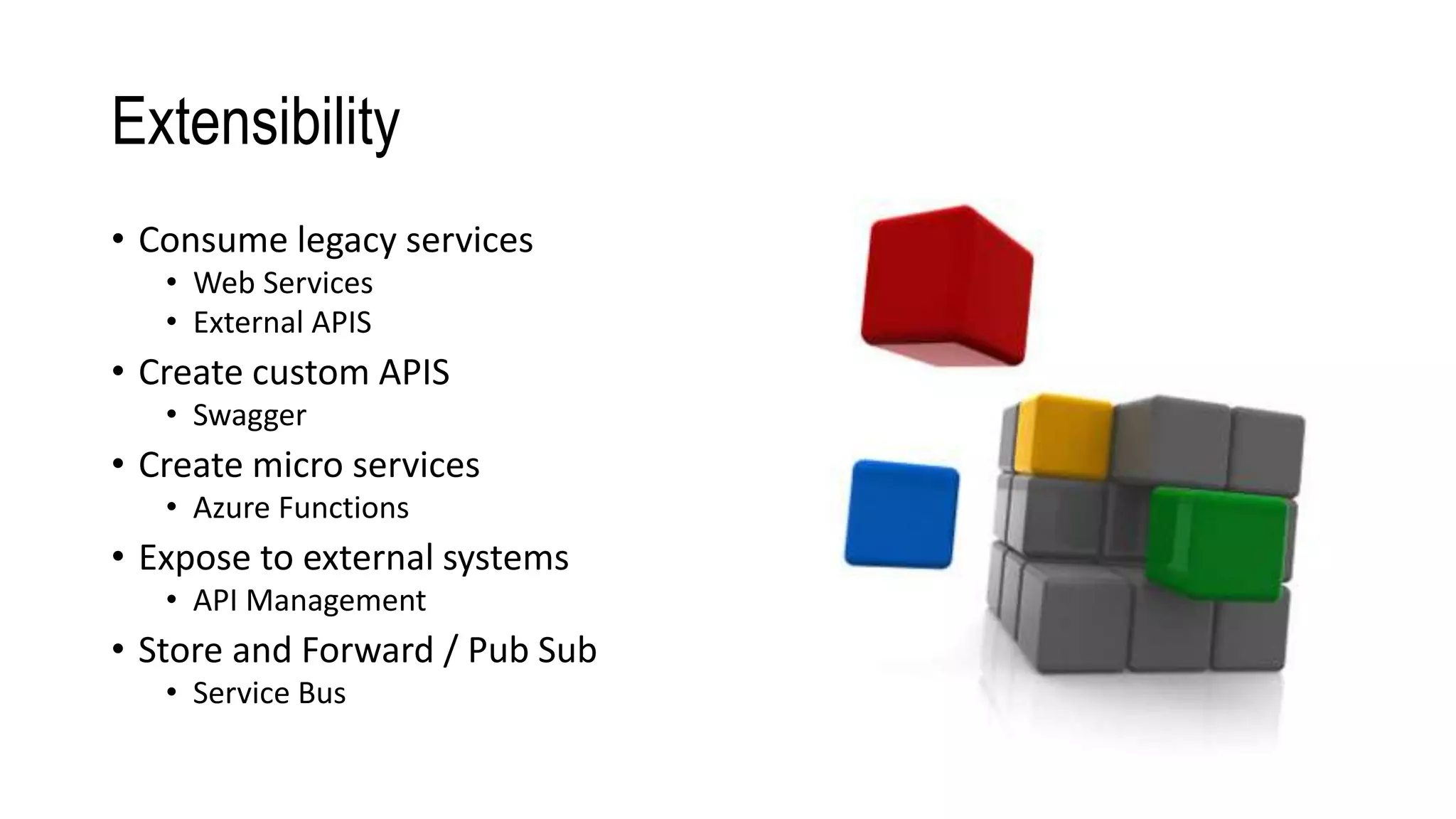Extensibility
• Consume legacy services
• Web Services
• External APIS
• Create custom APIS
• Swagger
• Create micro services
• Azure Functions
• Expose to external systems
• API Management
• Store and Forward / Pub Sub
• Service Bus
 