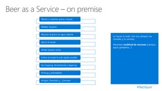 #TechSum
Plantar y cosechar grano y lúpulo
Maltear el grano
Macerar el grano en agua caliente
Hervir el mosto
Añadir lúpulos varios
Enfríar el mosto lo más rápido posible
Dry hopping, fermentación y lagering
Priming y enbotellado
Amigos, Diversión y… ¡Cerveza!
 